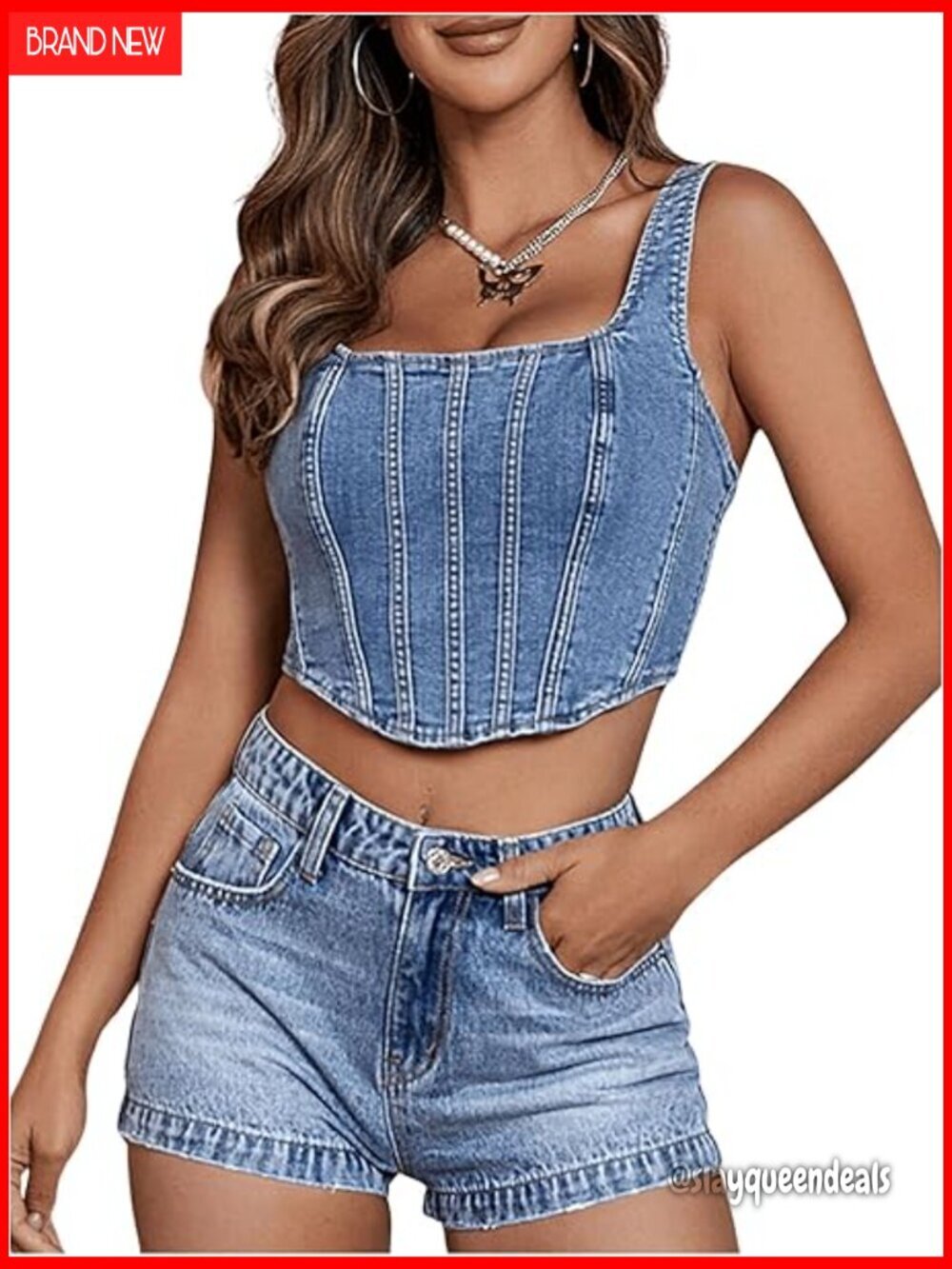 Square Neck Corset Denim Top Asymmetrical Hem Zip Back Crop Tank